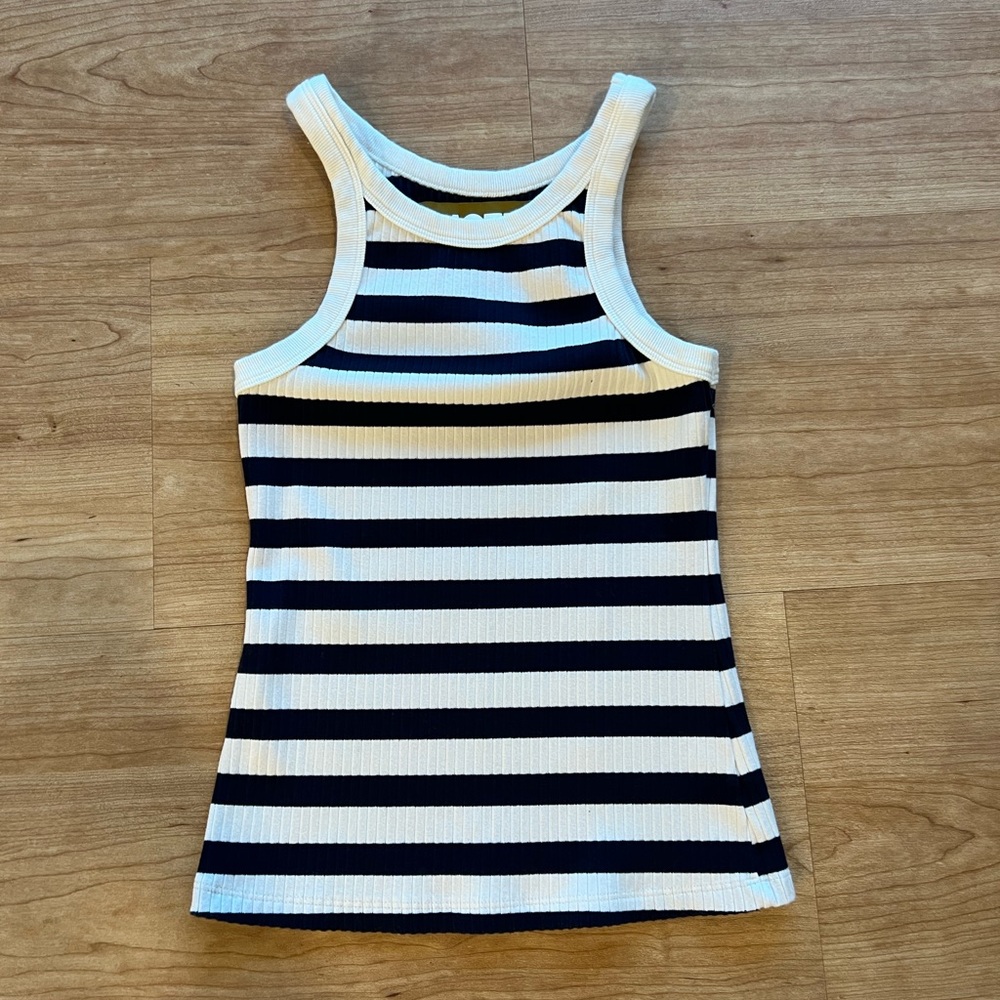 Mother Denim Tank — navy and white stripe halter neck